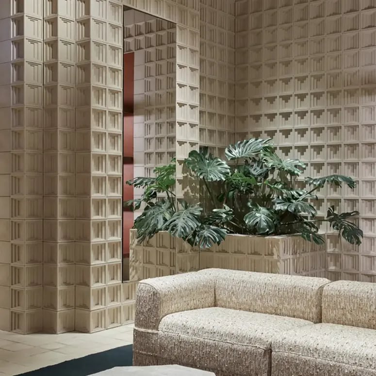 Salon Cimento avec mur minéral sculpté, assise claire et végétation intégrée