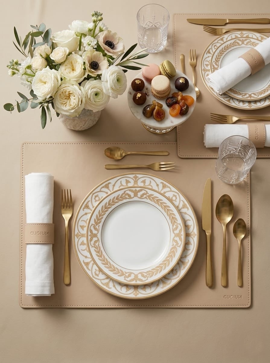 Art de recevoir avec assiette, verre, cuir et détails dorés