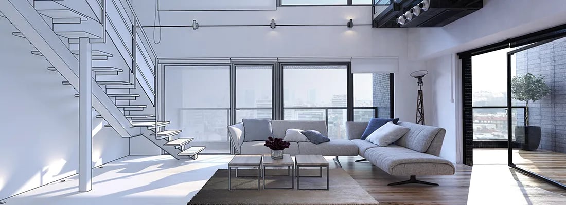 Interior architecture moving from technical drawing to finished luxury space